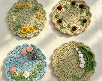 Handmade Crochet Floral Coasters Tea Cup Coffee Mug Rug Sunflower Lily of the Valley Rose Home Table Decor Gift House Warming Accessory