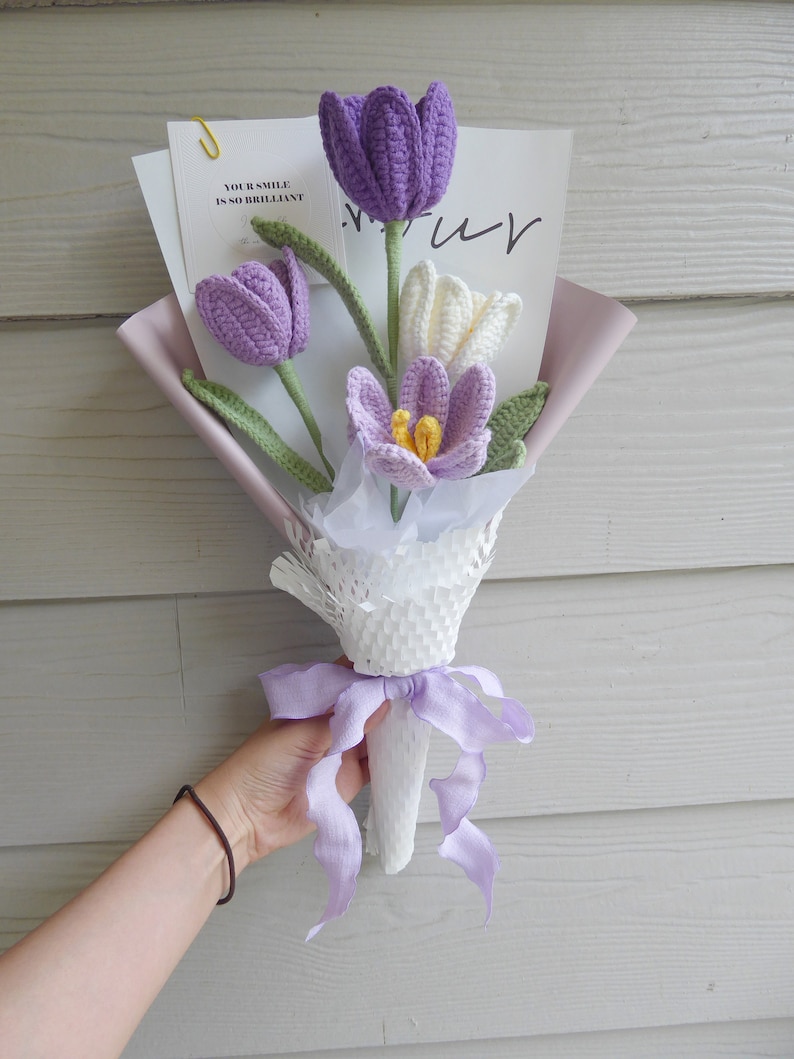 Crochet Flowers Bouquet Handmade, Finished Product, Tulip, Rose for Anniversary, Birthday, Graduation, Girlfriend, Mother love forever gift Roxo