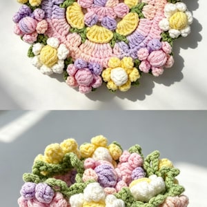 May include: A round, crocheted floral mat featuring a pastel color palette of pink, yellow, white, and lavender flowers with green leaves. Below, a brown, textured, crocheted basket is filled with a matching arrangement of these same colorful flowers.