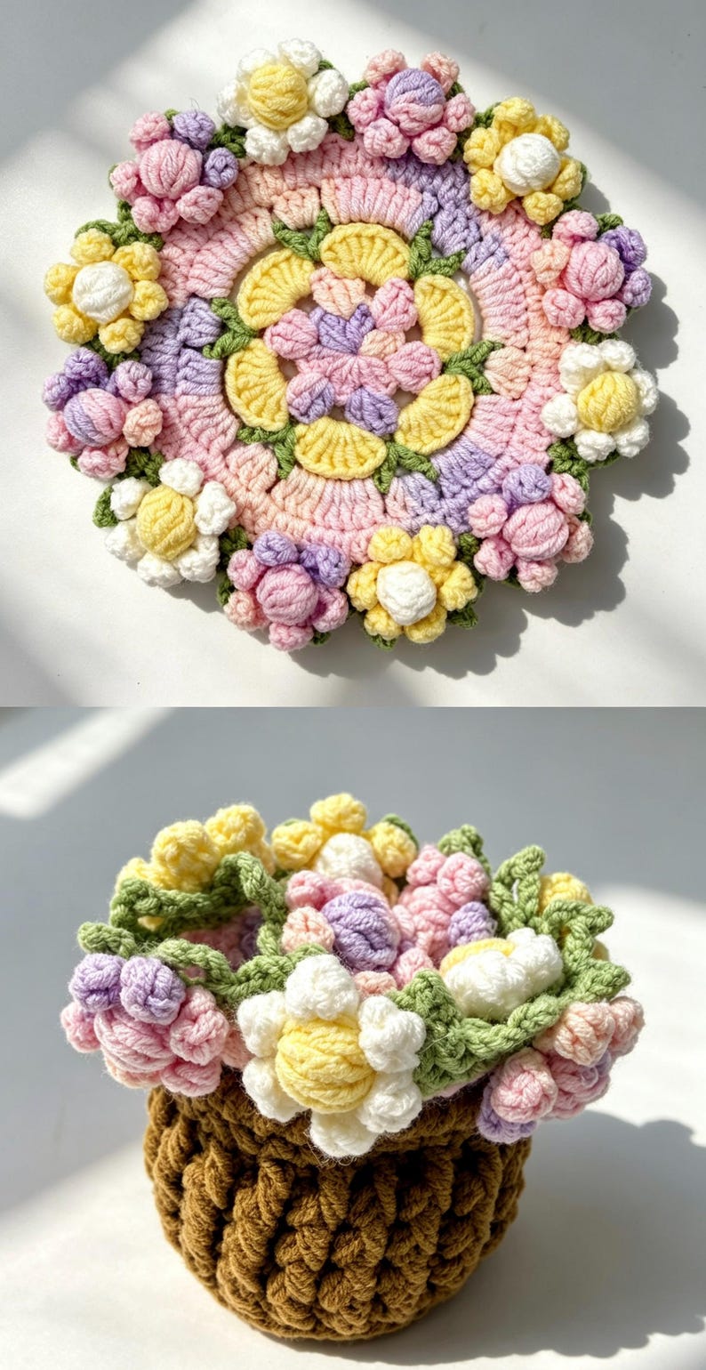 May include: A round, crocheted floral mat featuring a pastel color palette of pink, yellow, white, and lavender flowers with green leaves. Below, a brown, textured, crocheted basket is filled with a matching arrangement of these same colorful flowers.