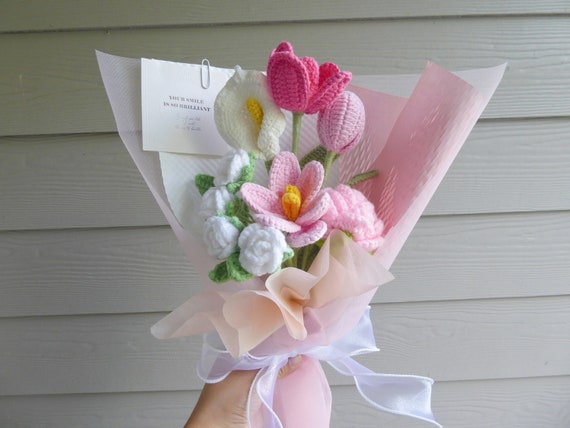 Completed Crochet Flower Bouquet Artificial Flowers for Anniversary  Festival Blue