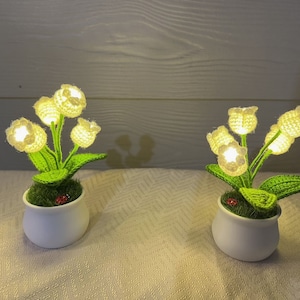 Crochet Handmade Lily Potted Plant Light Lamp, Lilies of the Valley,Finished Product,Knitted Flower Decoration,3 flash modes girlfriend gift image 8