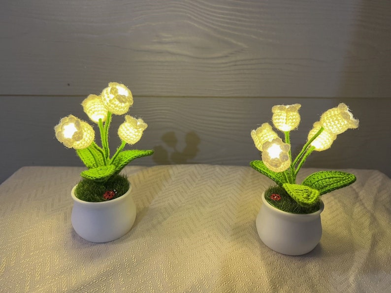 Crochet Handmade Lily Potted Plant Light Lamp, Lilies of the Valley,Finished Product,Knitted Flower Decoration,3 flash modes girlfriend gift image 8