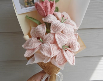 Crochet Flowers Bouquet Handmade, Finished Product,Rose,Lily for Anniversary,Birthday,Girlfriend,Mother day knitted mom forever love gift
