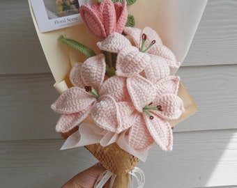 Crochet Flowers Bouquet Handmade, Finished Product,Rose,Lily for Anniversary,Birthday,Girlfriend,Mother day knitted mom forever love gift