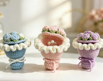 Handmade Crochet Mini Bouquet Proposal Ring Box Case Engagement Holder Forever Wedding Anniversary Keepsake Flower Gift Her Bearer Star