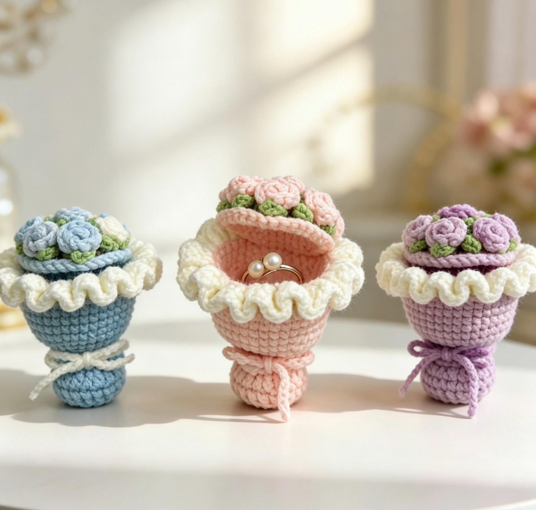 Handmade Crochet Mini Bouquet Proposal Ring Box Case