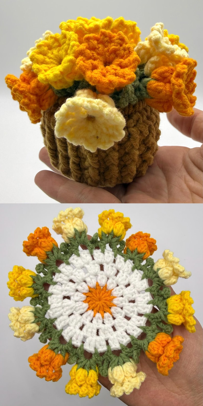 May include: A crochet flower arrangement featuring a brown textured pot filled with yellow and orange blossoms, and a flat circular crochet coaster with a white center, orange star-shaped detail, and a border of small yellow and orange flowers.