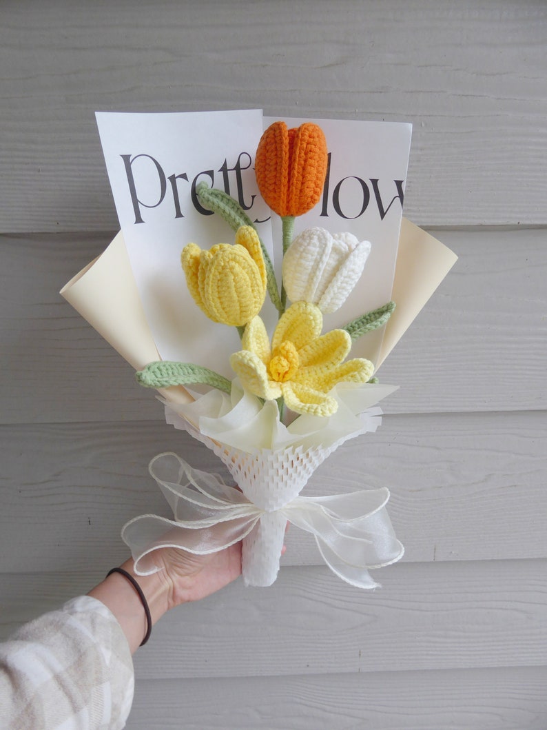 Crochet Flowers Bouquet Handmade, Finished Product, Tulip, Rose for Anniversary, Birthday, Graduation, Girlfriend, Mother love forever gift Yellow