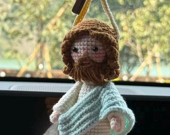 Handmade Crochet Jesus Figure Wooden Cross Car Accessories Rear