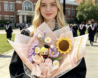 Crochet Flowers Bouquet Handmade Finished Product for Graduation Ceremony with Greeting Card Sunflower Tulip Peony Doll Gift for Her Girl