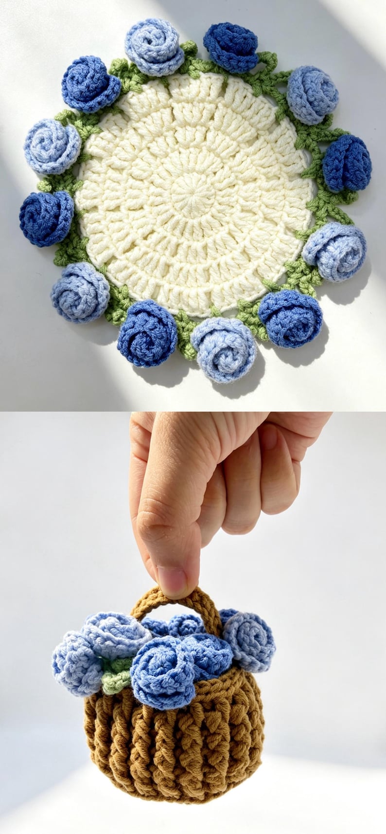 May include: A round, cream-colored crocheted coaster featuring a border of small, blue and light blue yarn roses with green leaves. Below, a small, brown crocheted basket is filled with several blue and light blue yarn roses and green leaves.