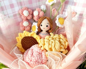 Crochet Flowers Bouquet Handmade Finished Product Rose,Tulip,Cosmos Anniversary  Birthday,Graduation girlfriend mom mothers day forever gift