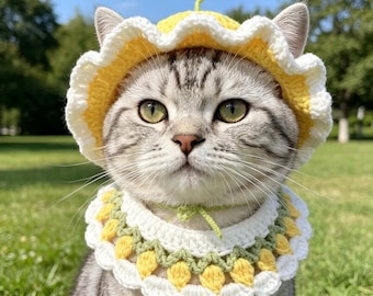 手編みかぎ針編みペット用首輪 コテージコア パステルカラーネックレス 小型犬、猫、ウサギ、子犬、子猫用帽子 花柄ペットアクセサリー カスタム衣装