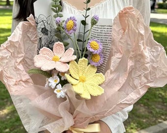 Crochet Flowers Bouquet Handmade Finished Product Rose,Tulip,Cosmos Anniversary  Birthday,Graduation girlfriend mom mother love forever gift