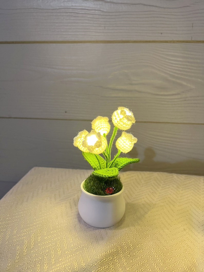 Crochet Handmade Lily Potted Plant Light Lamp, Lilies of the Valley,Finished Product,Knitted Flower Decoration,3 flash modes girlfriend gift image 9