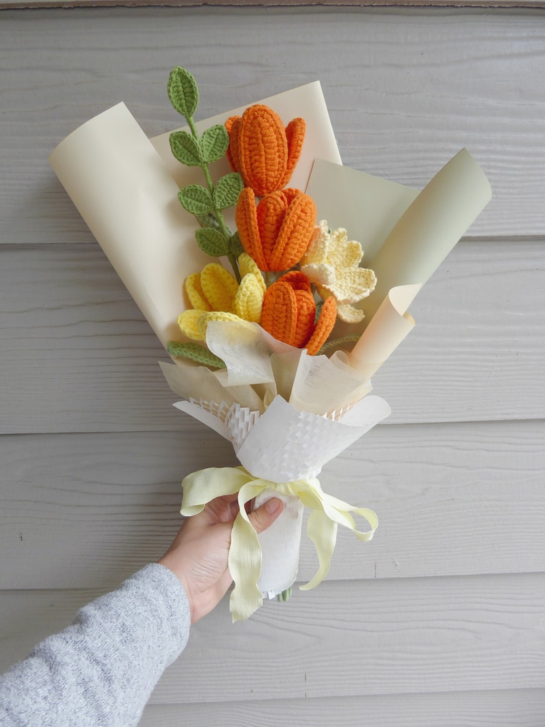 Crochet Flowers Bouquet Handmade, Finished Product, Tulip, Rose for Anniversary, Birthday, Graduation, Girlfriend, Mother love forever gift Orange