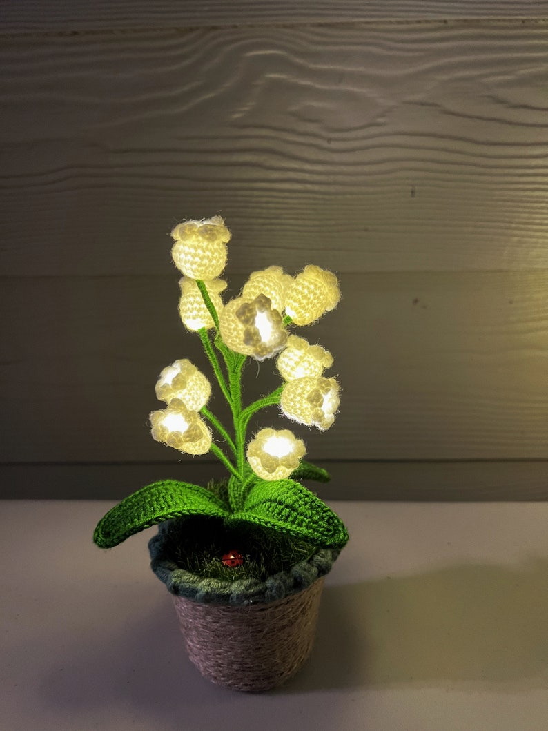 Crochet Handmade Lily Potted Plant Light Lamp, Lilies of the Valley,Finished Product,Knitted Flower Decoration,3 flash modes girlfriend gift image 2