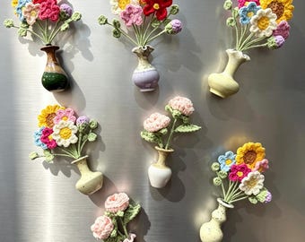 Handmade Mini Crochet Flower Bouquet Roses with Assorted Ceramic Vase Fridge Magnet Mini Floral Refrigerator Kitchen Decor Housewarming Gift
