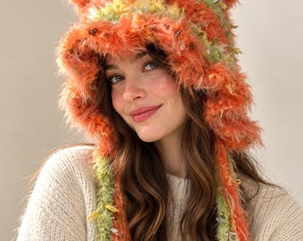 Handmade Crochet Fuzzy Winter Hat Animal Earflap Hat with Long Braided Ties and Pom-Poms Hand Blended Beanie Yarn Festival Costume accessory