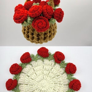 May include: A crocheted tan basket filled with red roses and green leaves, paired with a circular white crocheted doily featuring a border of red roses and green leaves. Both items are crafted from yarn with visible stitch patterns.