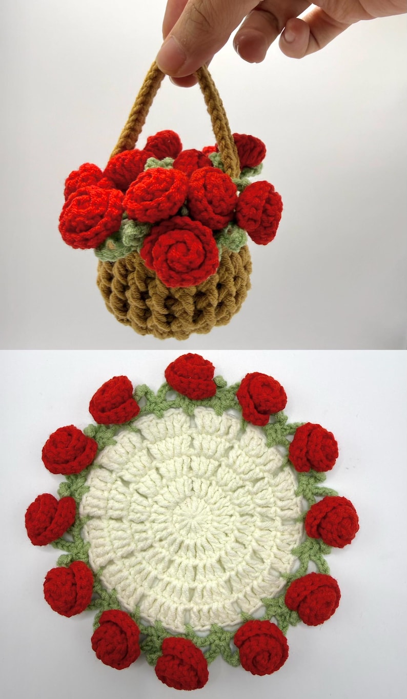May include: A crocheted tan basket filled with red roses and green leaves, paired with a circular white crocheted doily featuring a border of red roses and green leaves. Both items are crafted from yarn with visible stitch patterns.