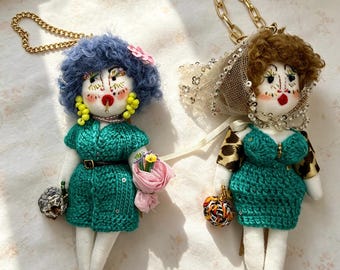Handmade Lady Doll Keychain Charm Fabric & Crochet Diva Dress Vintage Fashion Art Doll Personalized Custom Grandma Grandmother Gift for Her