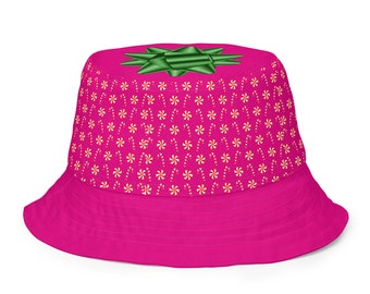 Reversible Bucket Hat, Pink Candy Canes with Green Bow/Snowflakes, Holiday Hat, Fun, Colorful, Whimsical, 2 sizes