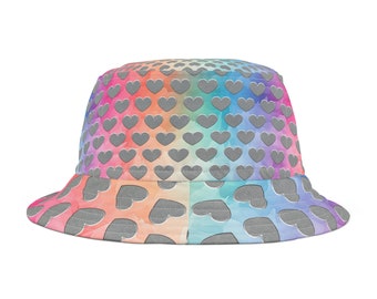 Bucket Hat, Silver Hearts on Rainbow, Stylish Hat, Colorful Casual Fashion, Gift for Her or Him, 2 Sizes