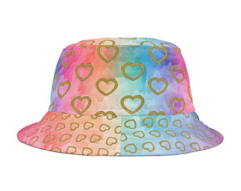 Bucket Hat, Silver Hearts on Soft Rainbows, Stylish Hat, Colorful Casual Fashion, Gift for Her or Him, 2 Sizes