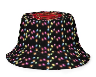 Reversible Bucket Hat, Christmas Lights with Red Bow/Snowflakes, Holiday Hat, Fun, Colorful, Whimsical, 2 sizes