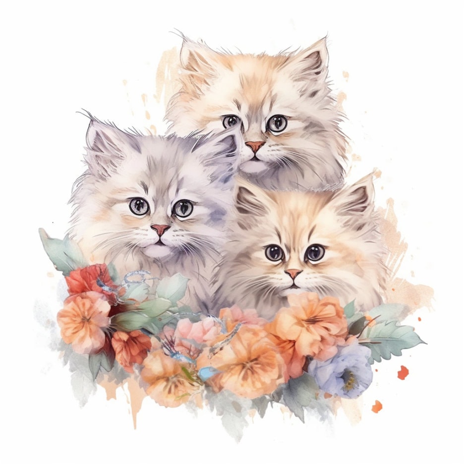Watercolor Persian Cats Clipart - Cute Floral Cats and Kittens With ...
