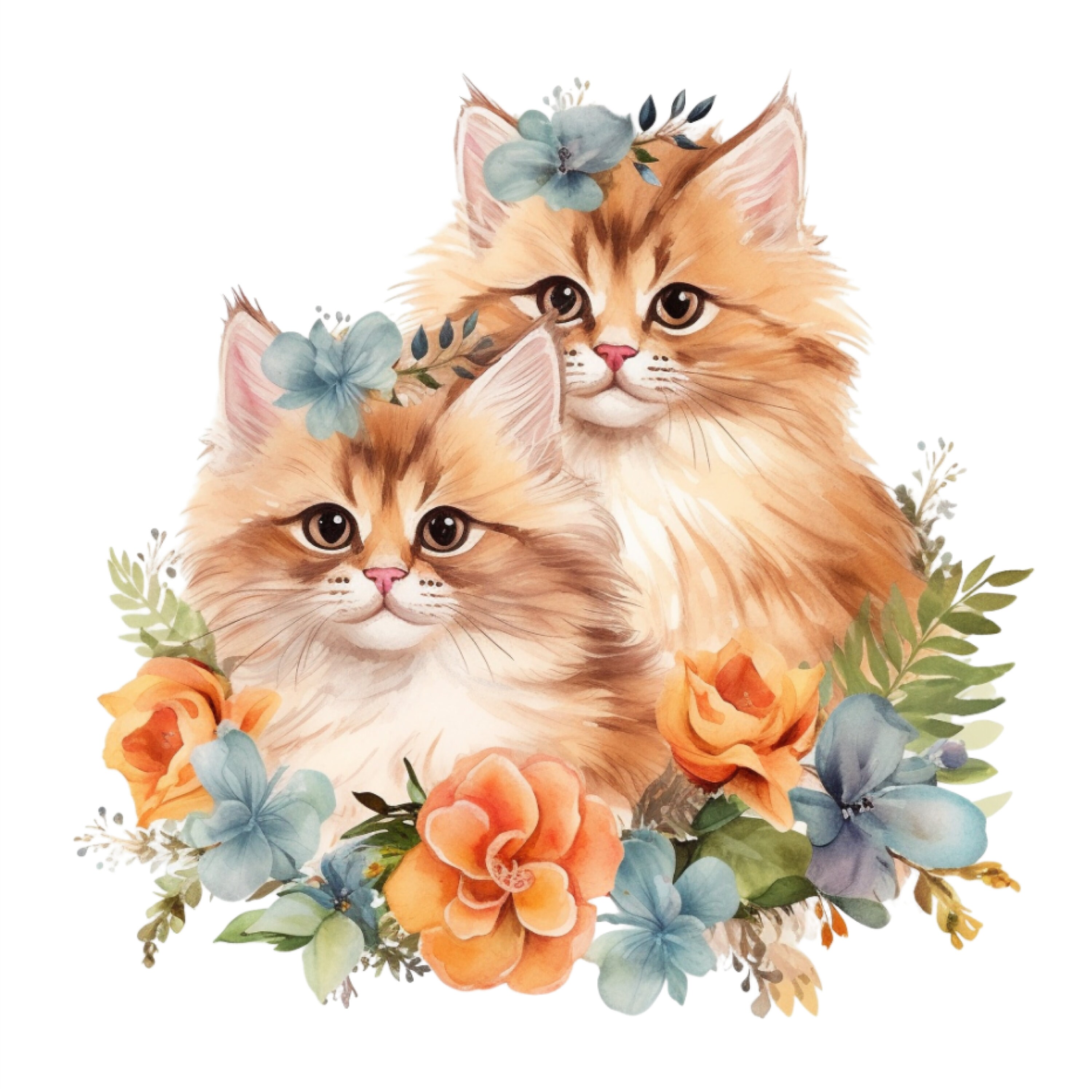Watercolor Persian Cats Clipart - Cute Floral Cats and Kittens With ...