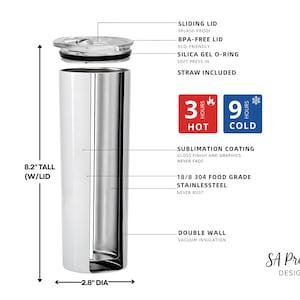 Puede incluir: Un vaso de acero inoxidable con tapa deslizante, pajita y aislamiento al vac&iacute;o de doble pared. El vaso mide 20,8 cm de alto y 7,1 cm de di&aacute;metro. Mantiene las bebidas calientes durante 3 horas y fr&iacute;as durante 9 horas. Con texto "SA Pretty Design".