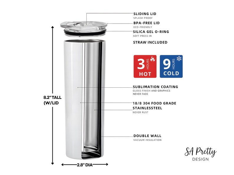 Puede incluir: Un vaso de acero inoxidable con tapa deslizante, pajita y aislamiento al vac&iacute;o de doble pared. El vaso mide 20,8 cm de alto y 7,1 cm de di&aacute;metro. Mantiene las bebidas calientes durante 3 horas y fr&iacute;as durante 9 horas. Con texto "SA Pretty Design".