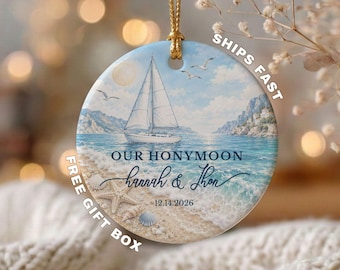 Newlywed Couple Ornament, Beach Wedding Ornament, Personalized Honeymoon Ornament, Custom Wedding Keepsake Our Honeymoon Christmas Ornament