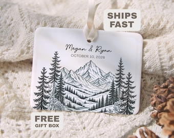 Personalized Couple Mountain Ornament, Custom Wedding Ornament with Names and Date, Mountain Wedding Gift, Anniversary Christmas Ornament