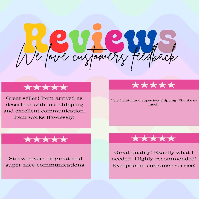 Puede incluir: Cuatro rese&ntilde;as de clientes con cinco estrellas. Las rese&ntilde;as destacan experiencias positivas con env&iacute;o r&aacute;pido, excelente comunicaci&oacute;n y productos de alta calidad. Las rese&ntilde;as se muestran en un fondo rosa con un t&iacute;tulo "Rese&ntilde;as" colorido.