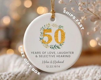 Personalized 50th Wedding Anniversary Ornament, Golden Anniversary Gift for Couple, 50 Years Together, Custom Names Date Christmas Ornament