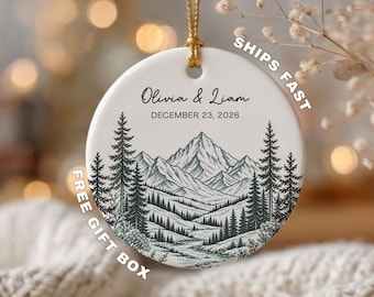 Personalized Couple Mountain Ornament, Custom Wedding Ornament with Names and Date, Mountain Wedding Gift, Anniversary Christmas Ornament