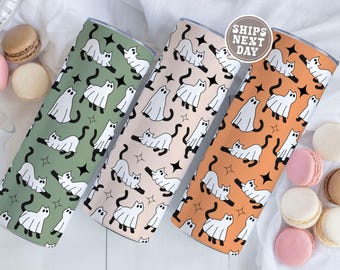 Vaso de Halloween con diseño de gato fantasma, taza adorable de Halloween, vaso con diseño de gato espeluznante, vaso de otoño, regalo para amantes de los gatos, vasos de Halloween, vaso delgado de 20 oz.