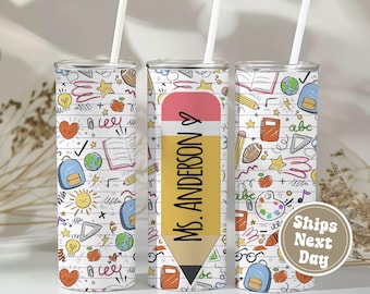 Personalized Teacher Doodle Tumbler: Back to School Gift, 20oz Stainless Steel
