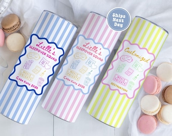 Regalo personalizado para fiestas infantiles, fiesta de cumpleaños en un spa, vaso para pijamada, pijamada de damas de honor, vasos a rayas para viaje de chicas a la playa.