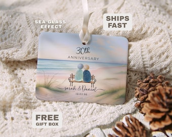 Personalized 30th Anniversary Ornament, Sea Glass Couple Beach Scene (Ceramic)