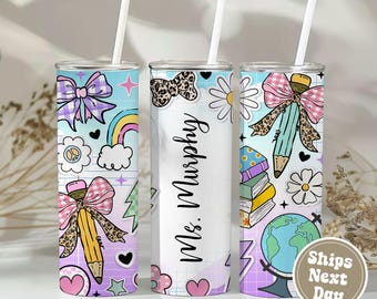 Personalized Teacher Tumbler: Coquette Doodle Design, Stainless Steel Travel Mug