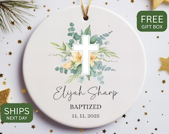 Personalized Baptism Ornament: Watercolor Cross, Custom Christening Keepsake