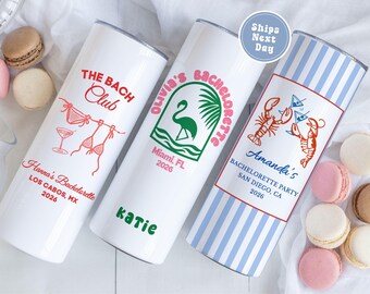 Vaso personalizado estilo retro para despedida de soltera en la playa, ideal para vacaciones de chicas. Vasos delgados de 20 oz con diseño de flamenco.