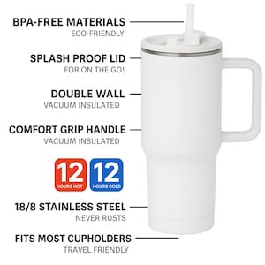 Puede incluir: Taza de viaje aislada blanca con asa y pajita. Incluye tapa a prueba de salpicaduras, aislamiento al vac&iacute;o de doble pared y asa de agarre c&oacute;modo. La taza est&aacute; hecha de acero inoxidable 18/8 y se adapta a la mayor&iacute;a de los portavasos. Texto: Materiales sin BPA, 12 horas caliente, 12 horas fr&iacute;o.