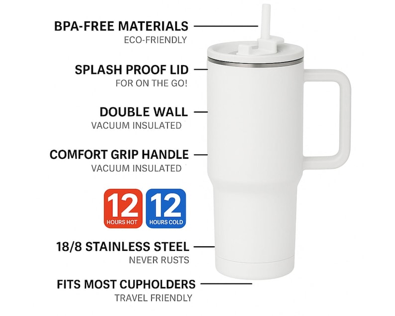 Puede incluir: Taza de viaje aislada blanca con asa y pajita. Incluye tapa a prueba de salpicaduras, aislamiento al vac&iacute;o de doble pared y asa de agarre c&oacute;modo. La taza est&aacute; hecha de acero inoxidable 18/8 y se adapta a la mayor&iacute;a de los portavasos. Texto: Materiales sin BPA, 12 horas caliente, 12 horas fr&iacute;o.