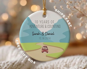 10 Year Anniversary Ornament, Personalized Couple Ornament, Adventure Together Gift, 10th Wedding Anniversary Gift, Travel Couple Christmas